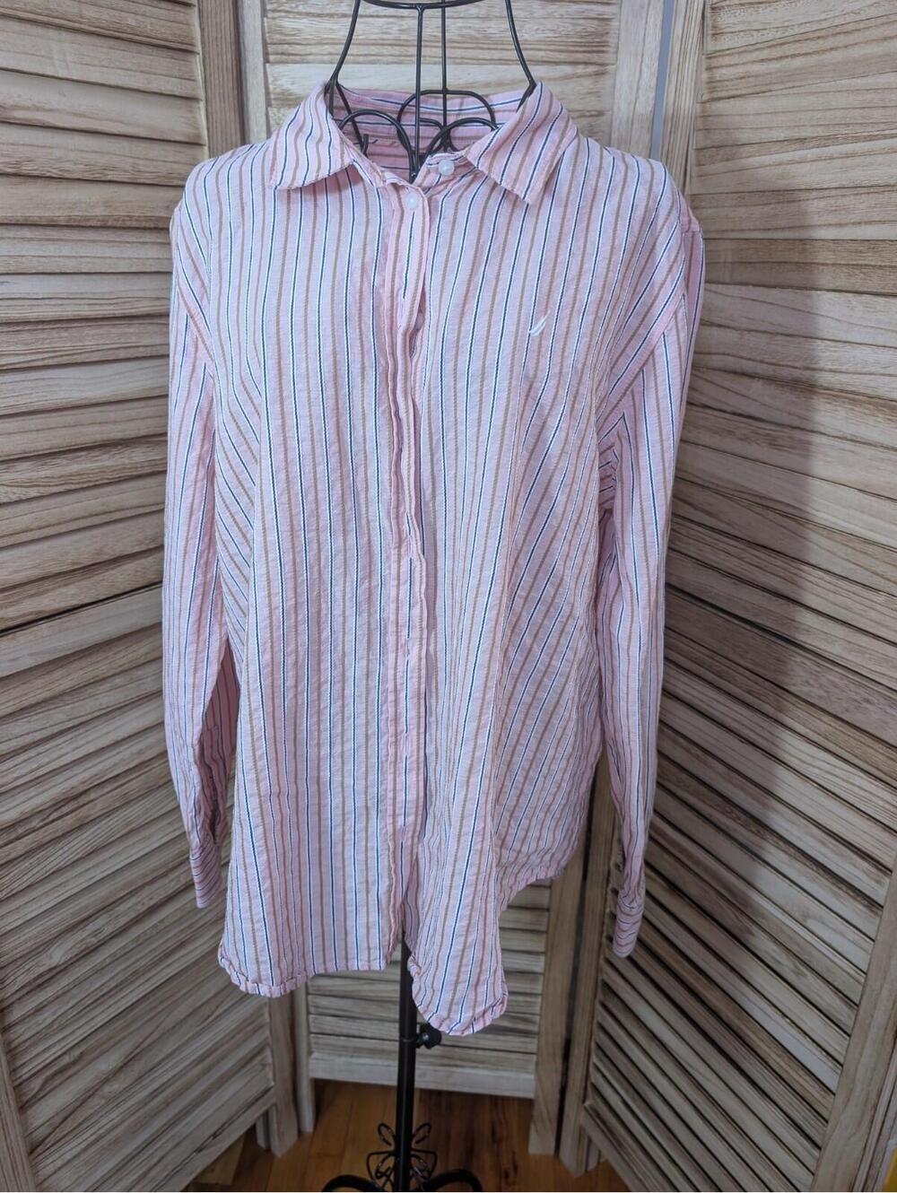 Nautica Jeans Company Womens Striped Weekender Popover Long Sleeve Shirt Large